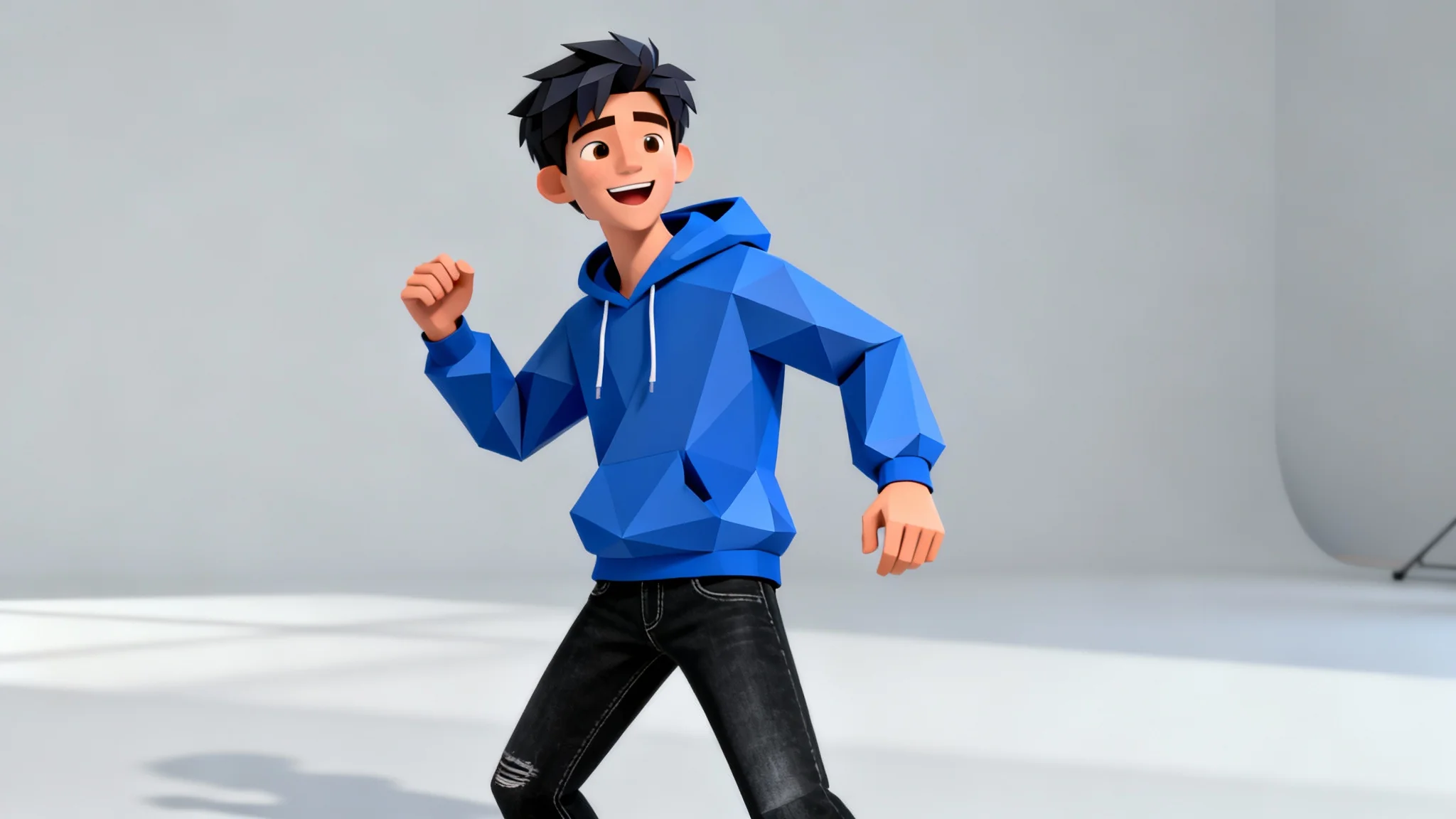 A polished 3D render of a low-poly character, a young man in a blue hoodie and black jeans, standing in a dynamic pose against a minimal grey studio background.