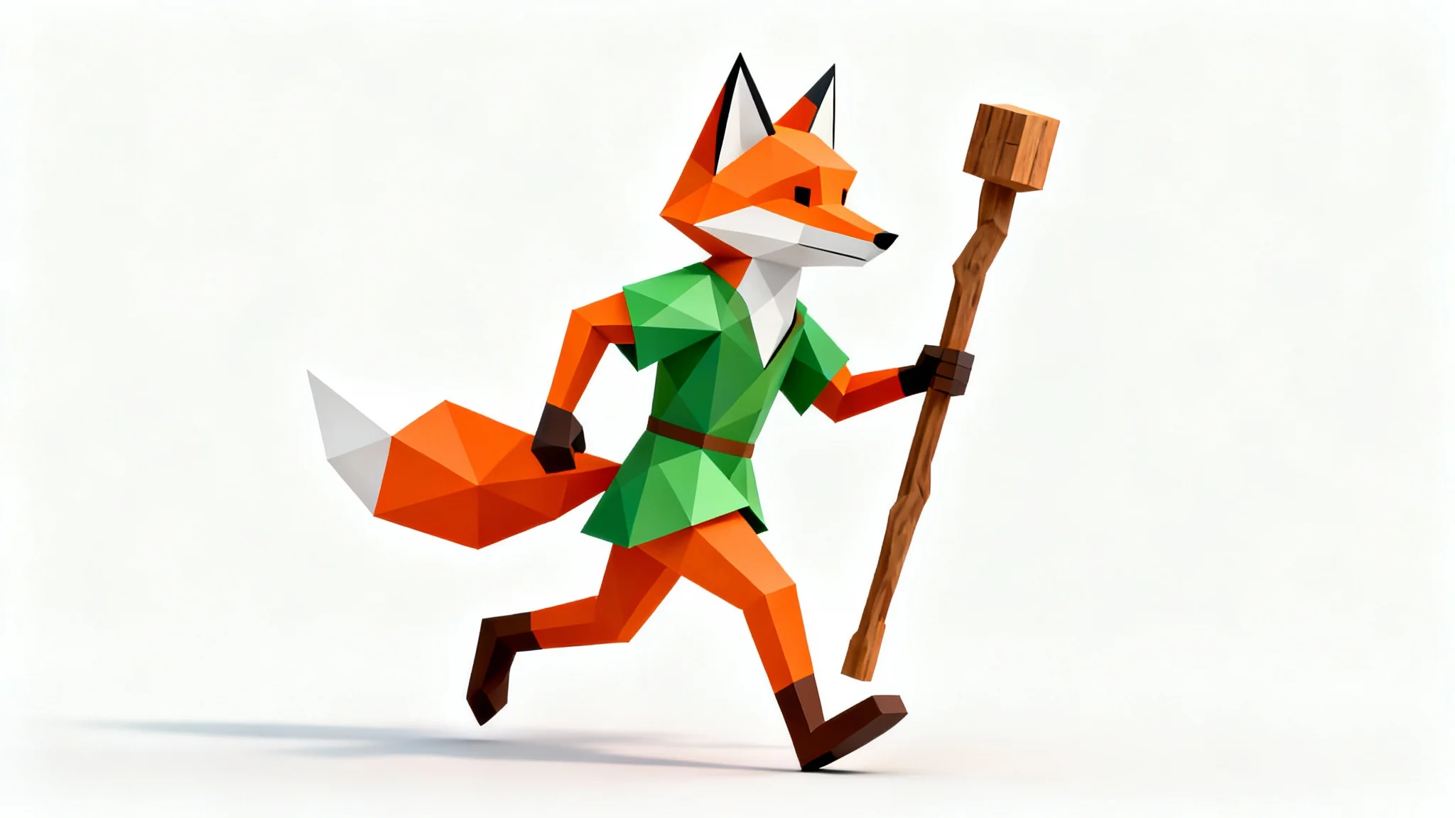 A 3D render of a low poly fox adventurer character, created with simple geometric shapes and facets, standing against a plain white background.