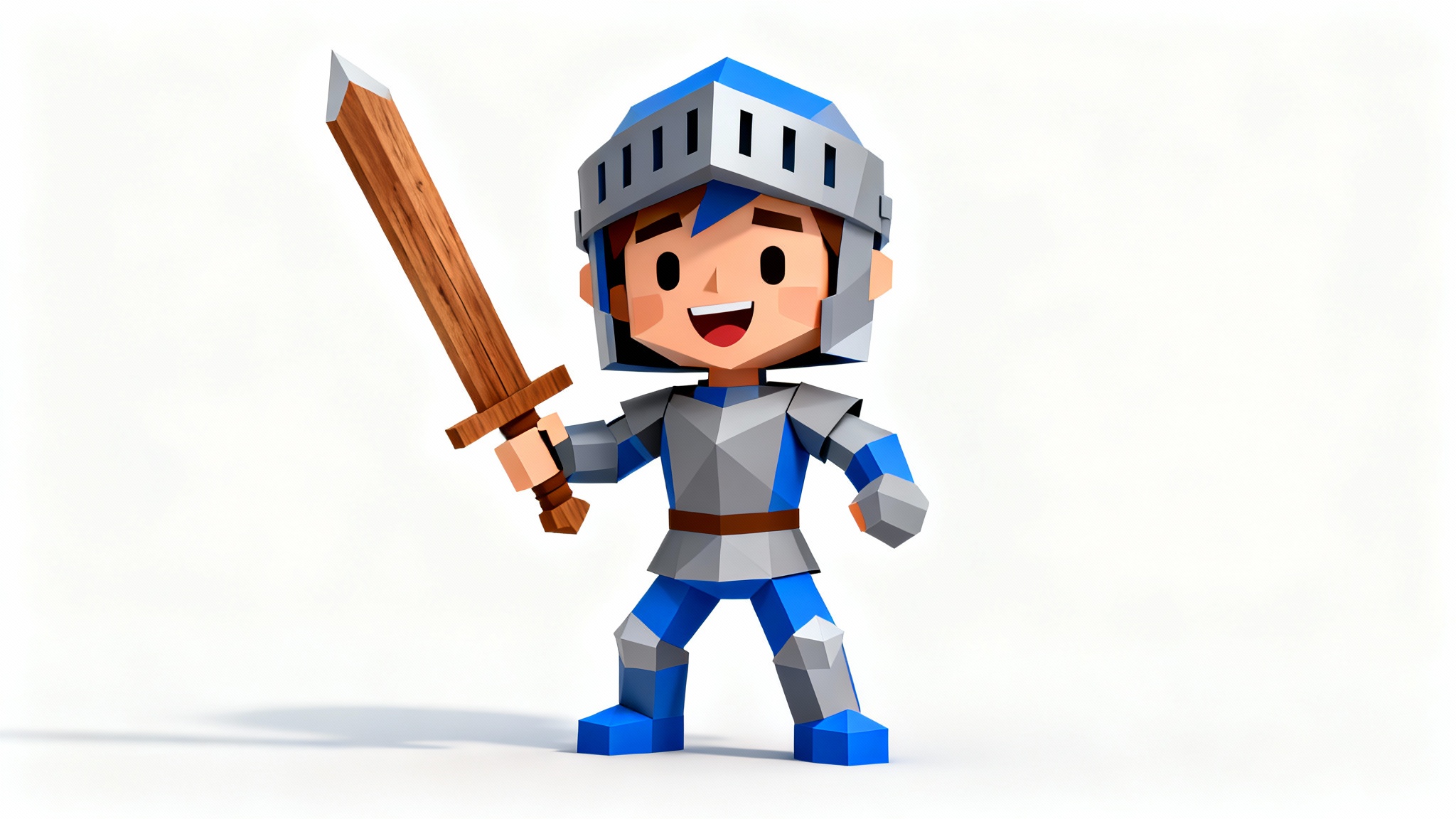A 3D render of a friendly, low-poly knight character made of visible geometric shapes, standing heroically on a plain white background.