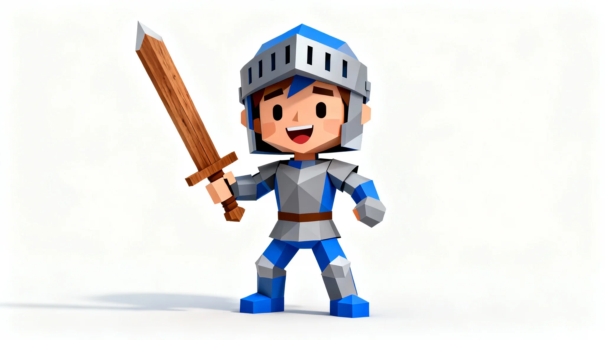 A 3D render of a friendly, low-poly knight character made of visible geometric shapes, standing heroically on a plain white background.