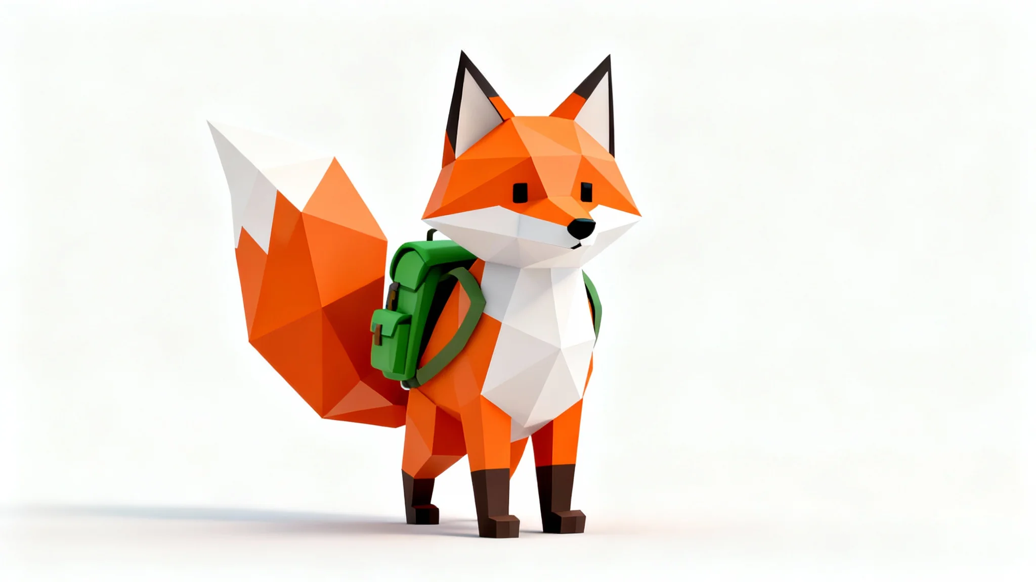 A 3D digital rendering of a stylized, low-poly fox adventurer character. The fox is orange and white, has a backpack, and is shown against a plain white background, highlighting its geometric, faceted design.