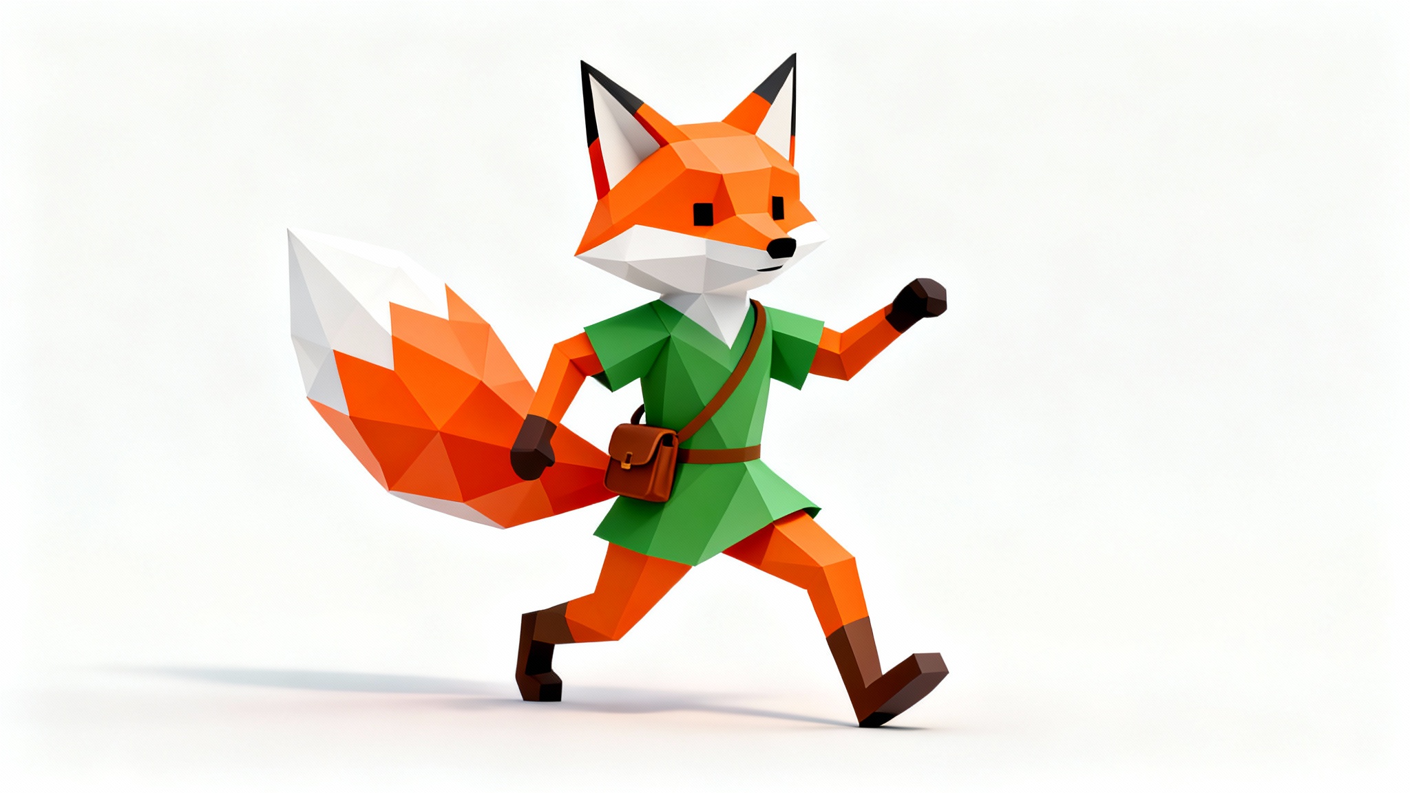A 3D render of a cute, low-poly fox adventurer character with a green tunic, standing on a clean white background.