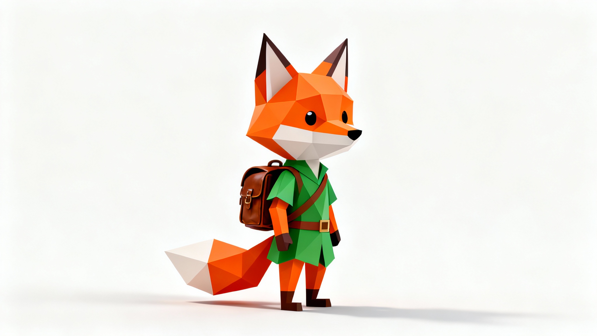 A 3D render of a low poly fox character dressed as an adventurer, standing against a solid white background. The character has a geometric, faceted design.