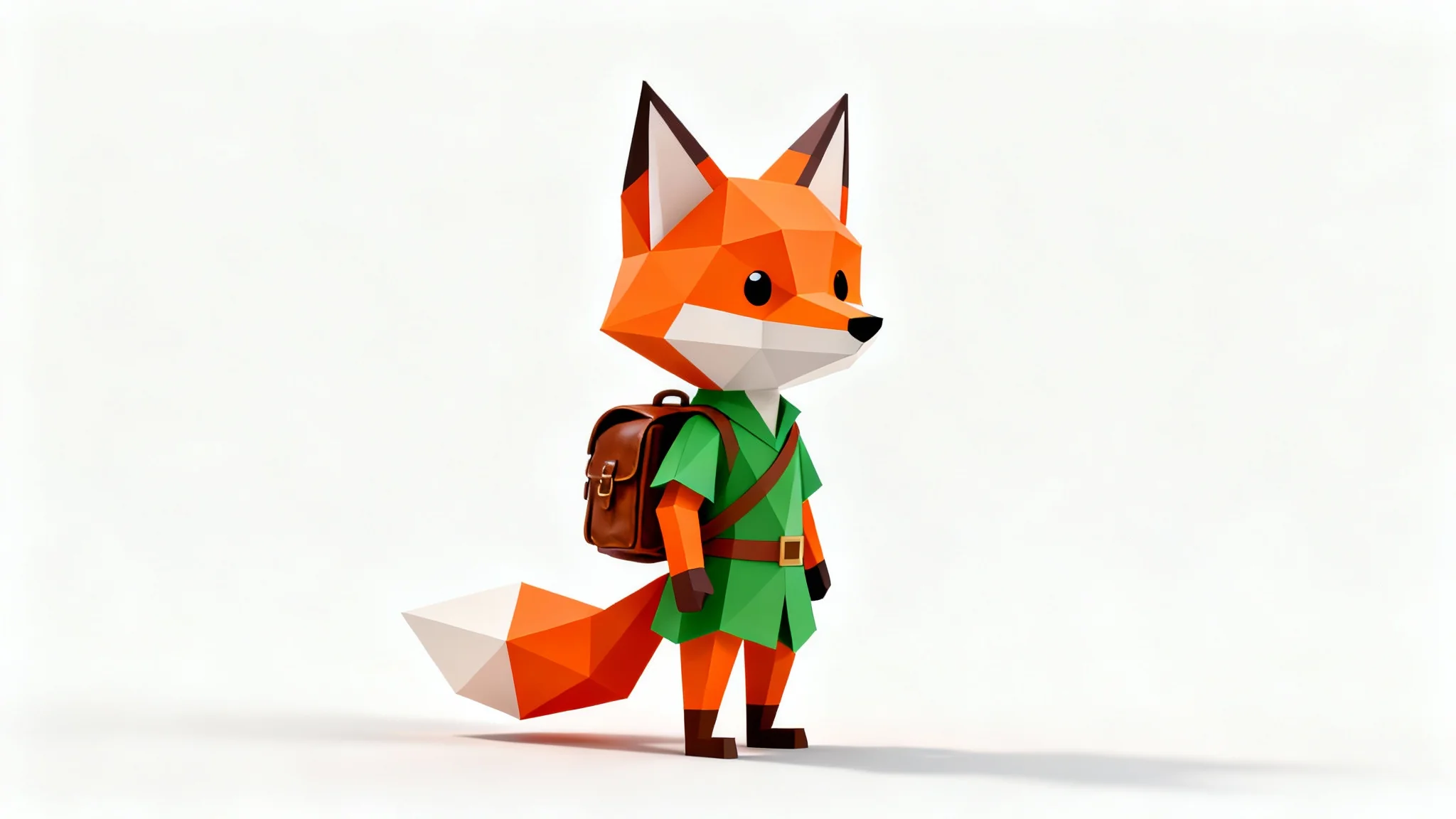 A 3D render of a low poly fox character dressed as an adventurer, standing against a solid white background. The character has a geometric, faceted design.