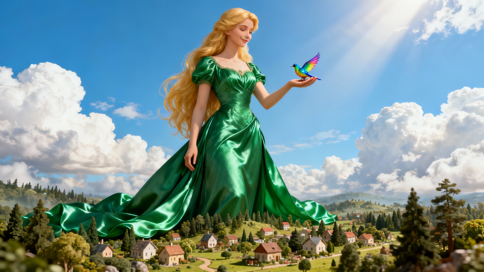 A hyper-realistic fantasy art image showing a beautiful giantess with golden hair and a green dress standing over a miniature landscape, gently holding a small bird in her hand under a bright blue sky.