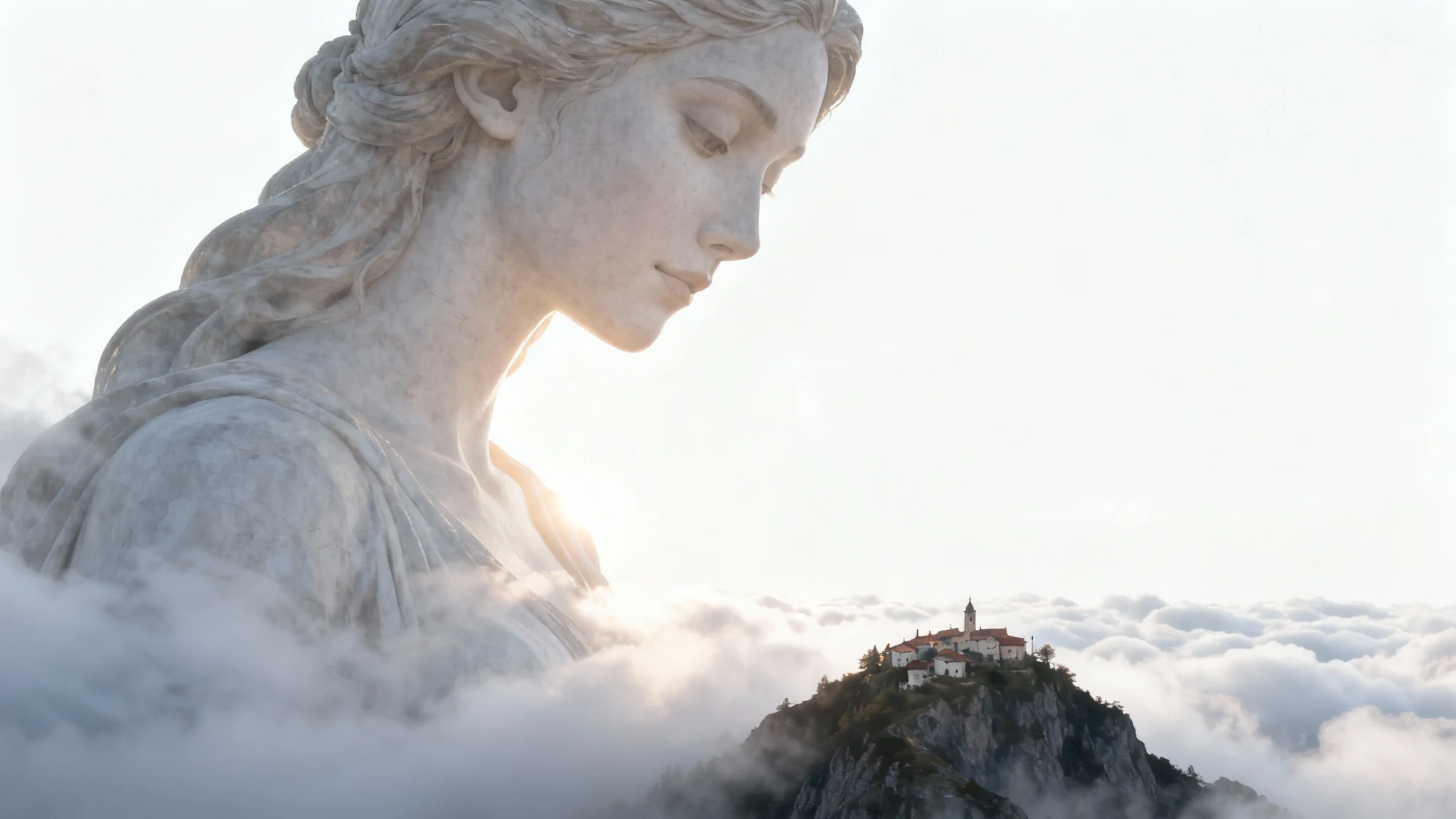 A majestic digital art piece illustrating giantess art, featuring the head and shoulders of a serene giantess towering over clouds and a tiny mountain village, on a white background.