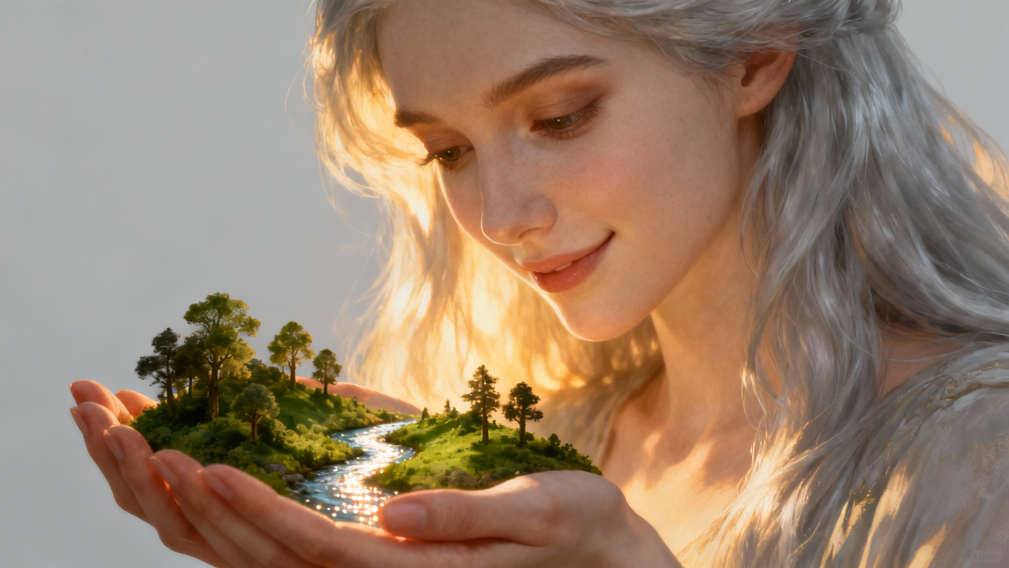 A hyper-realistic digital painting of a beautiful giantess with a gentle expression, holding a tiny, detailed landscape in her cupped hands against a plain white background.