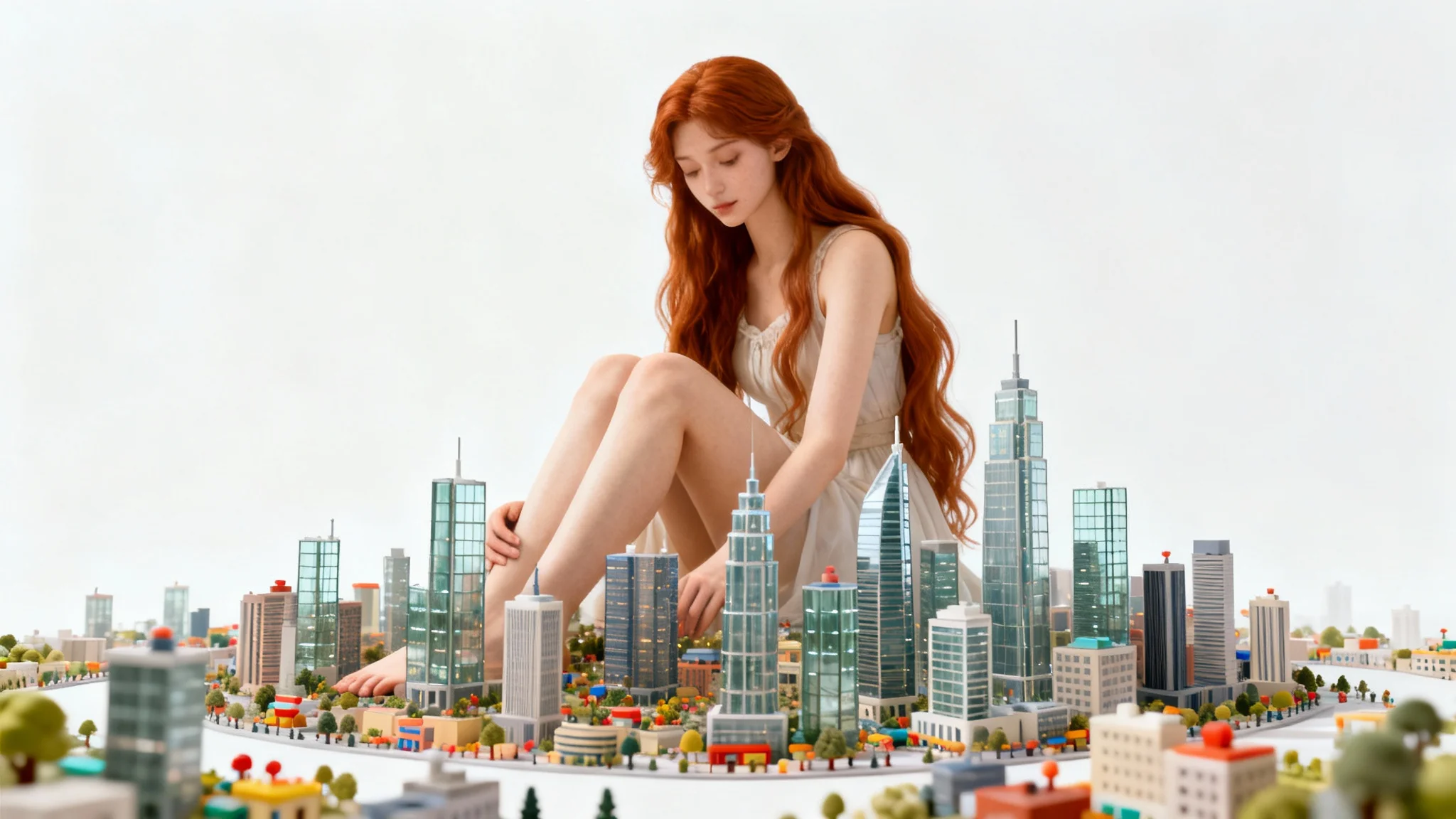 A digital painting of a serene giantess with auburn hair sitting among a miniature city, illustrating the concept of giantess art against a clean white background.