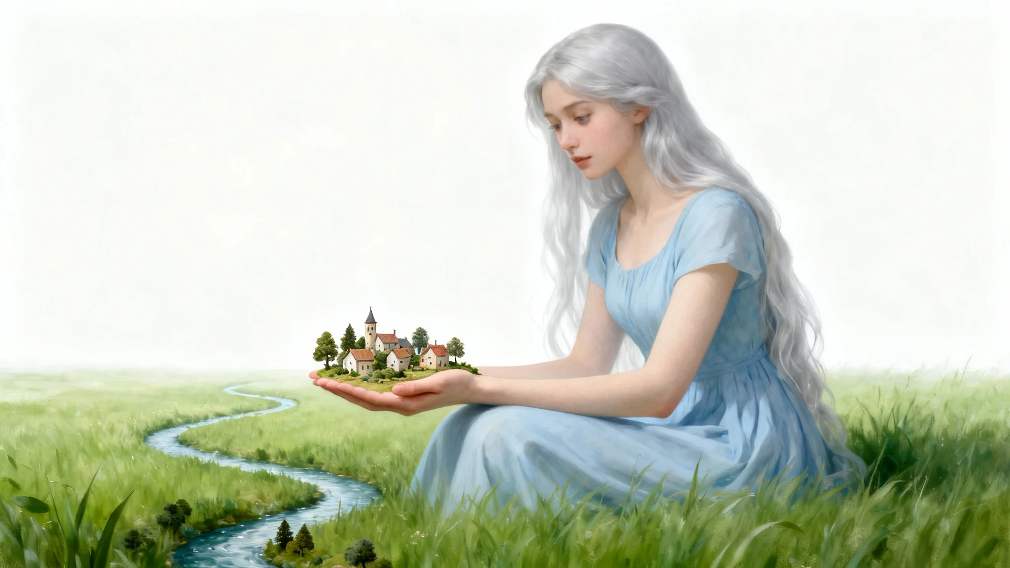 A fantasy art illustration of a gentle giantess in a blue gown, holding a tiny village in her hand with a curious look, set against a plain white background.