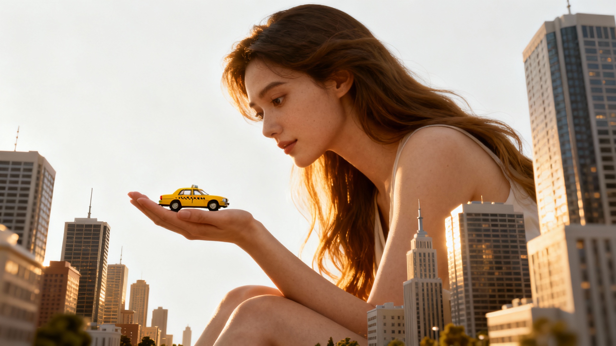 A photorealistic image depicting a giantess sitting among miniature skyscrapers on a white background, holding a tiny yellow taxi in her hand with a gentle expression.