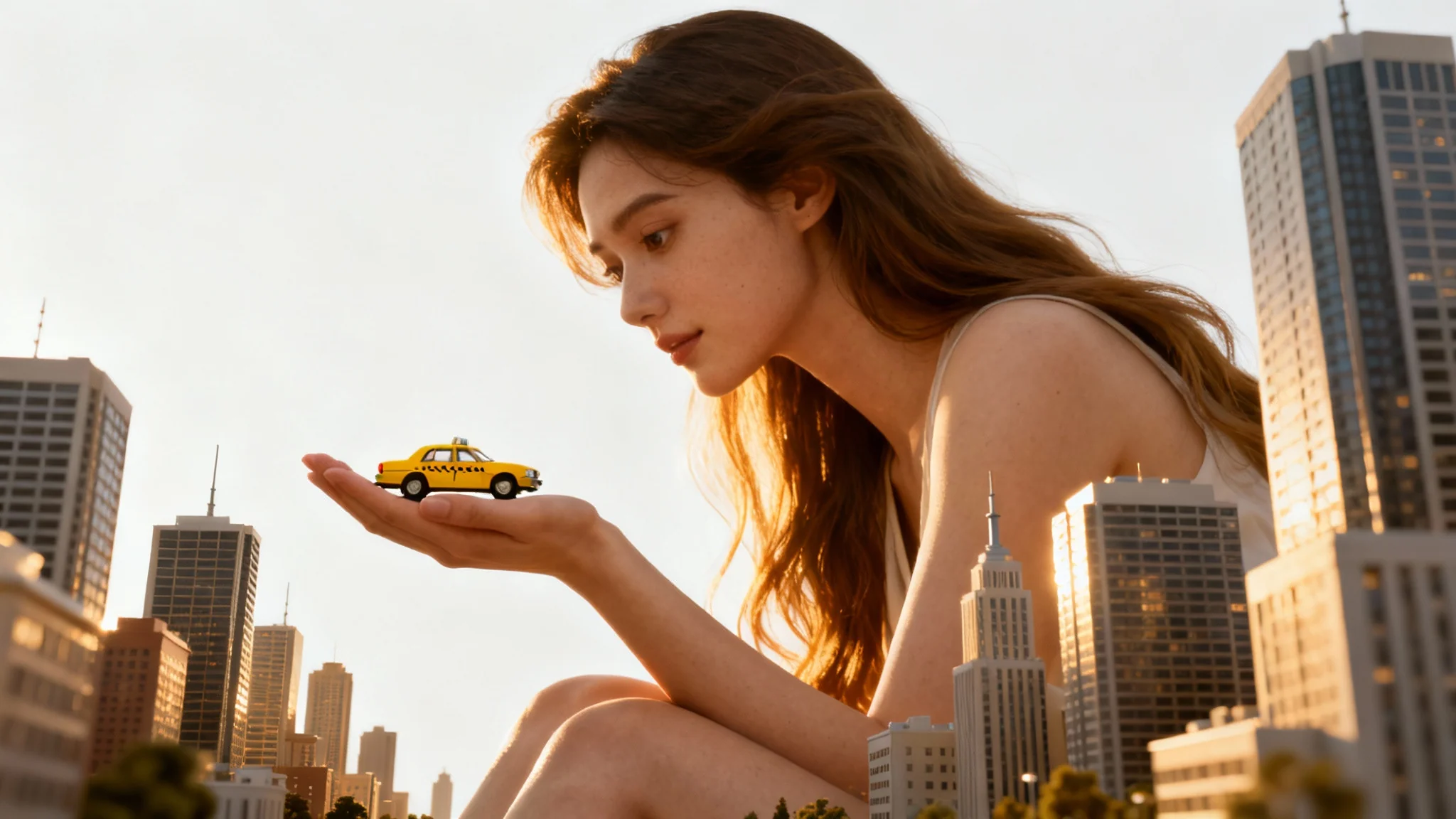 A photorealistic image depicting a giantess sitting among miniature skyscrapers on a white background, holding a tiny yellow taxi in her hand with a gentle expression.