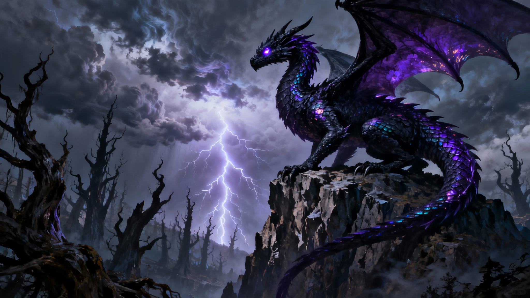A cinematic 16:9 wallpaper of a massive black and purple dragon on a cliff during a lightning storm, rendered in a highly detailed, epic fantasy art style.