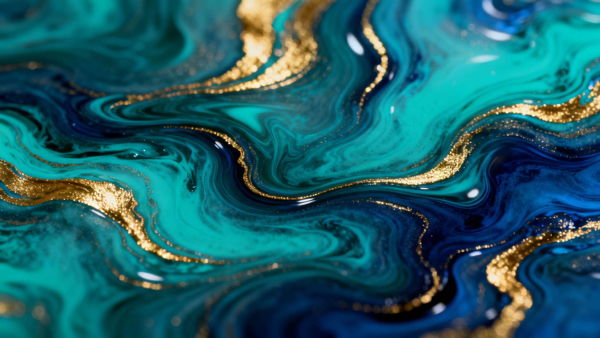 A vibrant abstract wallpaper featuring swirling patterns of teal, deep blue, and shimmering gold, creating a liquid marble effect.