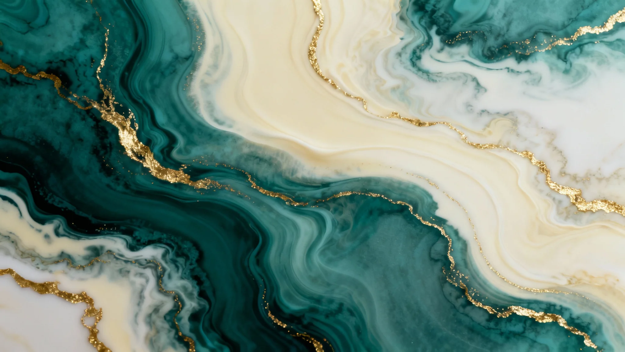 An elegant, abstract wallpaper design featuring swirls of deep teal, cream, and ivory, with delicate veins of shimmering gold, creating a luxurious liquid marble effect.