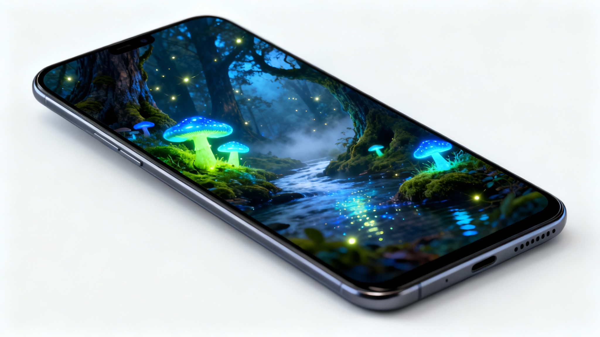 A modern smartphone displaying a vibrant, glowing wallpaper of a magical forest at night, set against a clean white background.