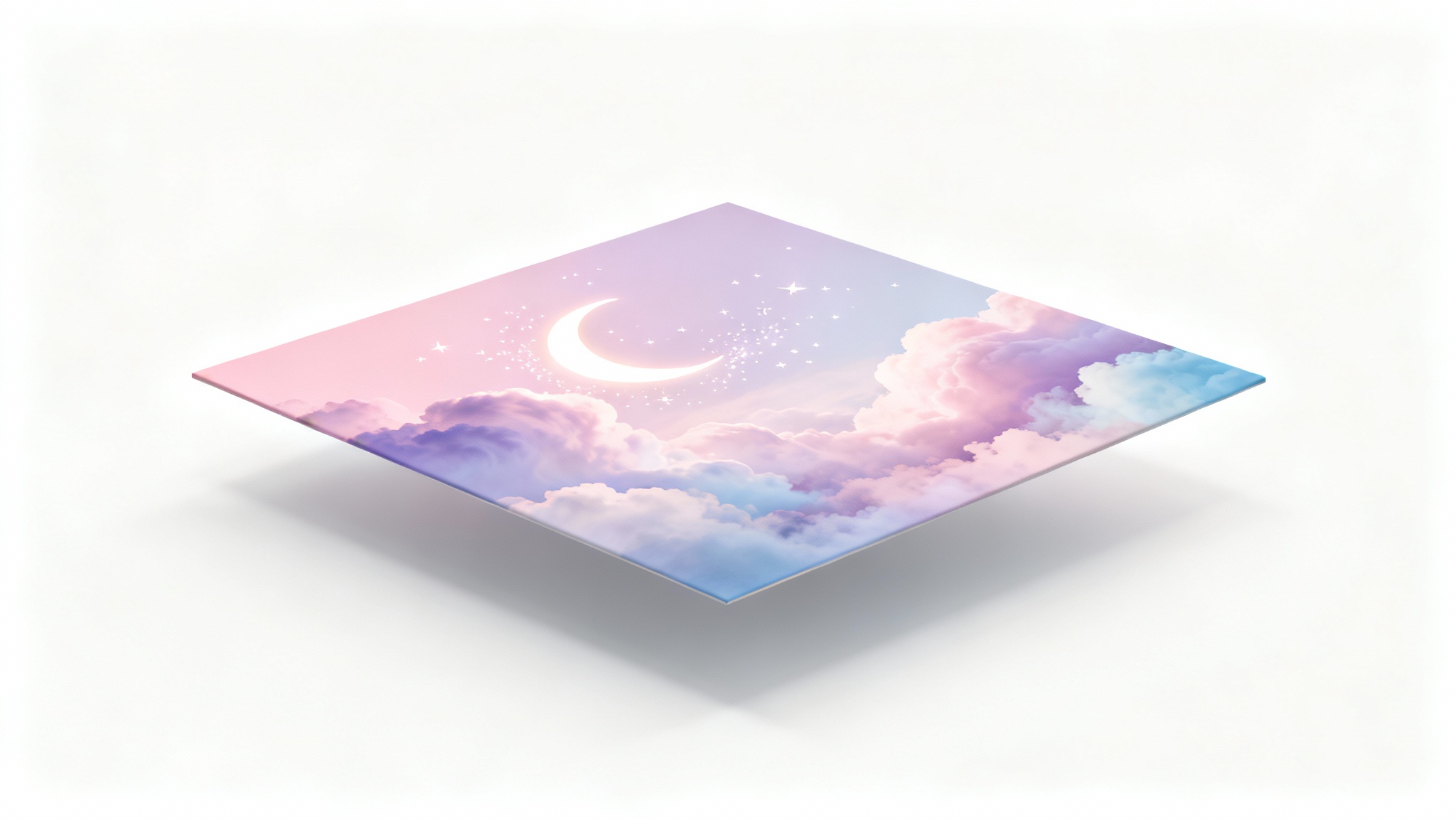 A mockup of a dreamy abstract wallpaper featuring pastel-colored clouds and a crescent moon, displayed as a rectangular art piece against a plain white background.