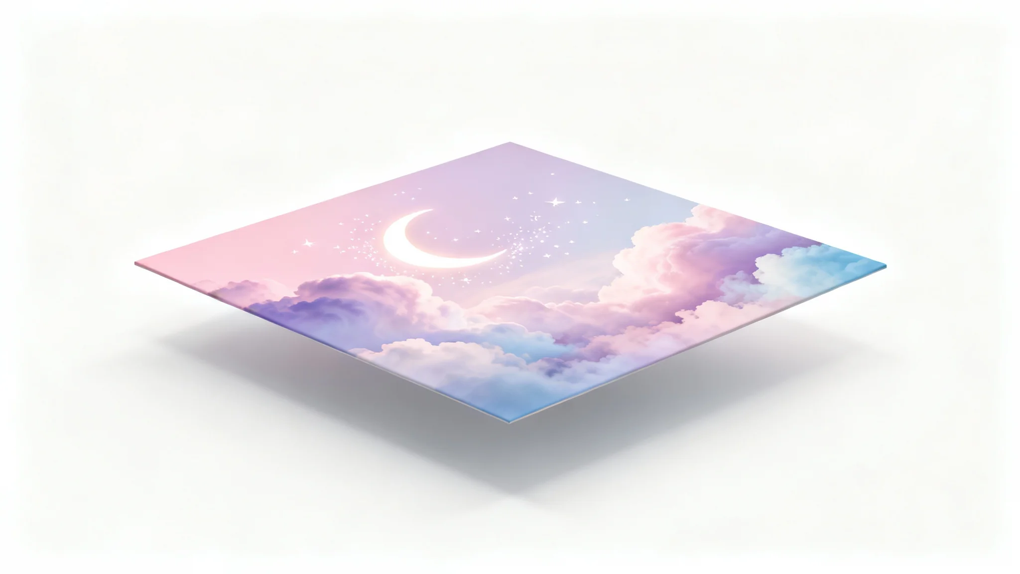 A mockup of a dreamy abstract wallpaper featuring pastel-colored clouds and a crescent moon, displayed as a rectangular art piece against a plain white background.
