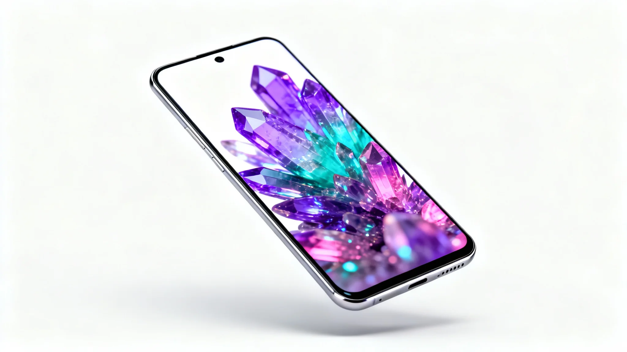 A modern smartphone showcasing a vibrant, abstract crystal wallpaper, presented as a product mockup against a plain white background.
