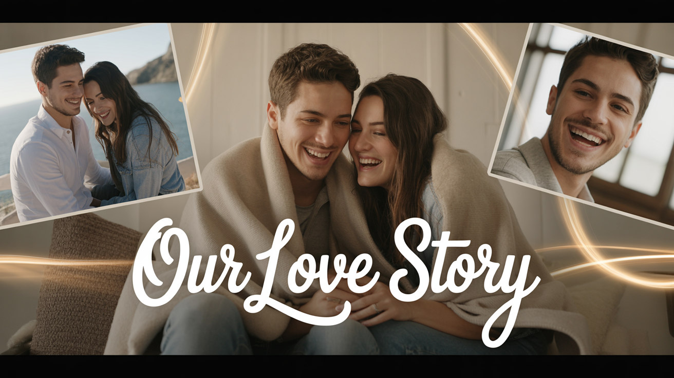 A 16:9 video slideshow frame titled 'Our Love Story' showing a collage of photos of a happy young couple in romantic settings, designed with a warm, cinematic aesthetic.