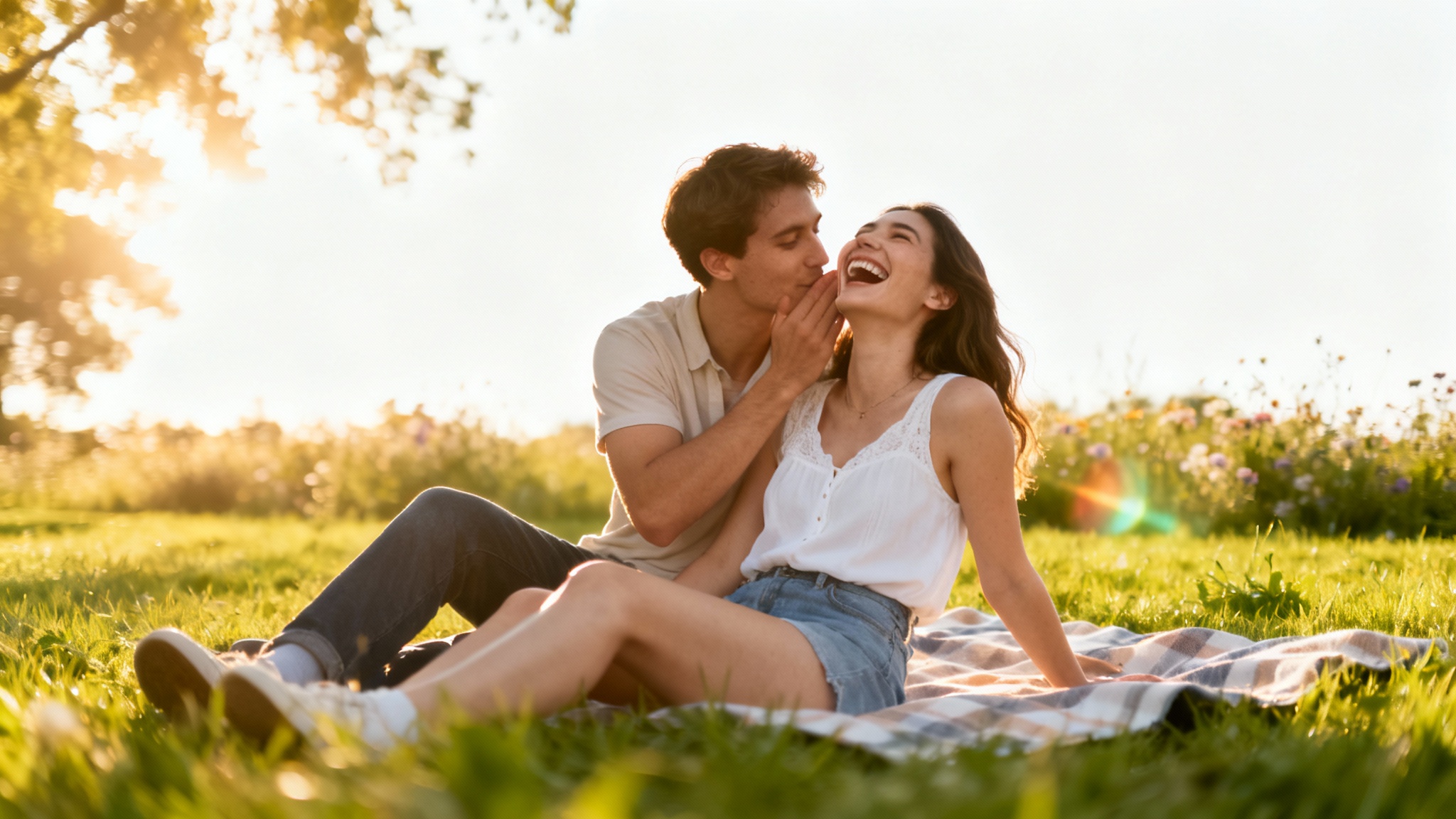 A cinematic still photo of a happy young couple laughing together on a picnic blanket during sunset, representing a moment from a couple video.