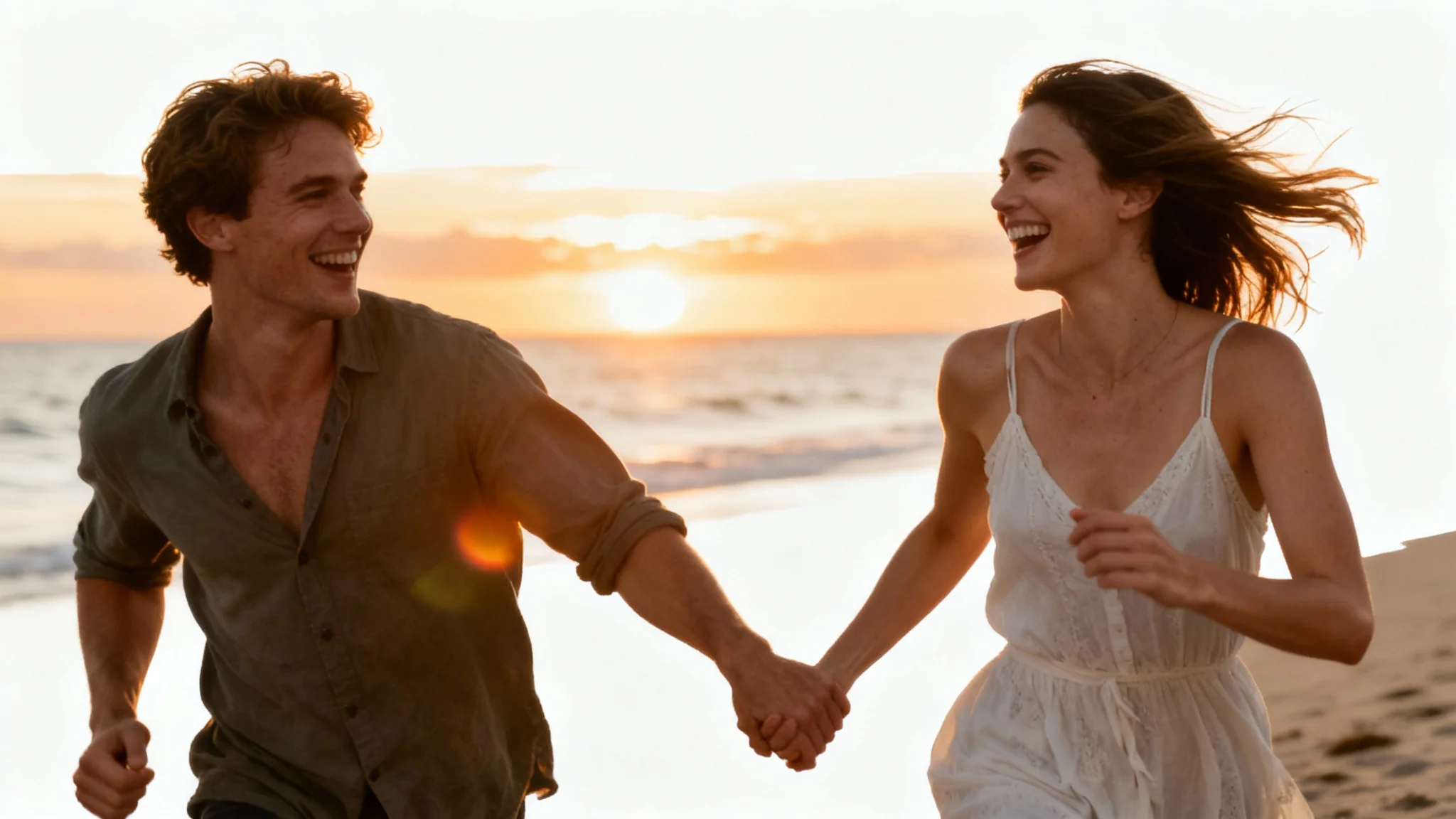 A cinematic still image from a couple's video, showing a happy young man and woman running and laughing on a beach at sunset.