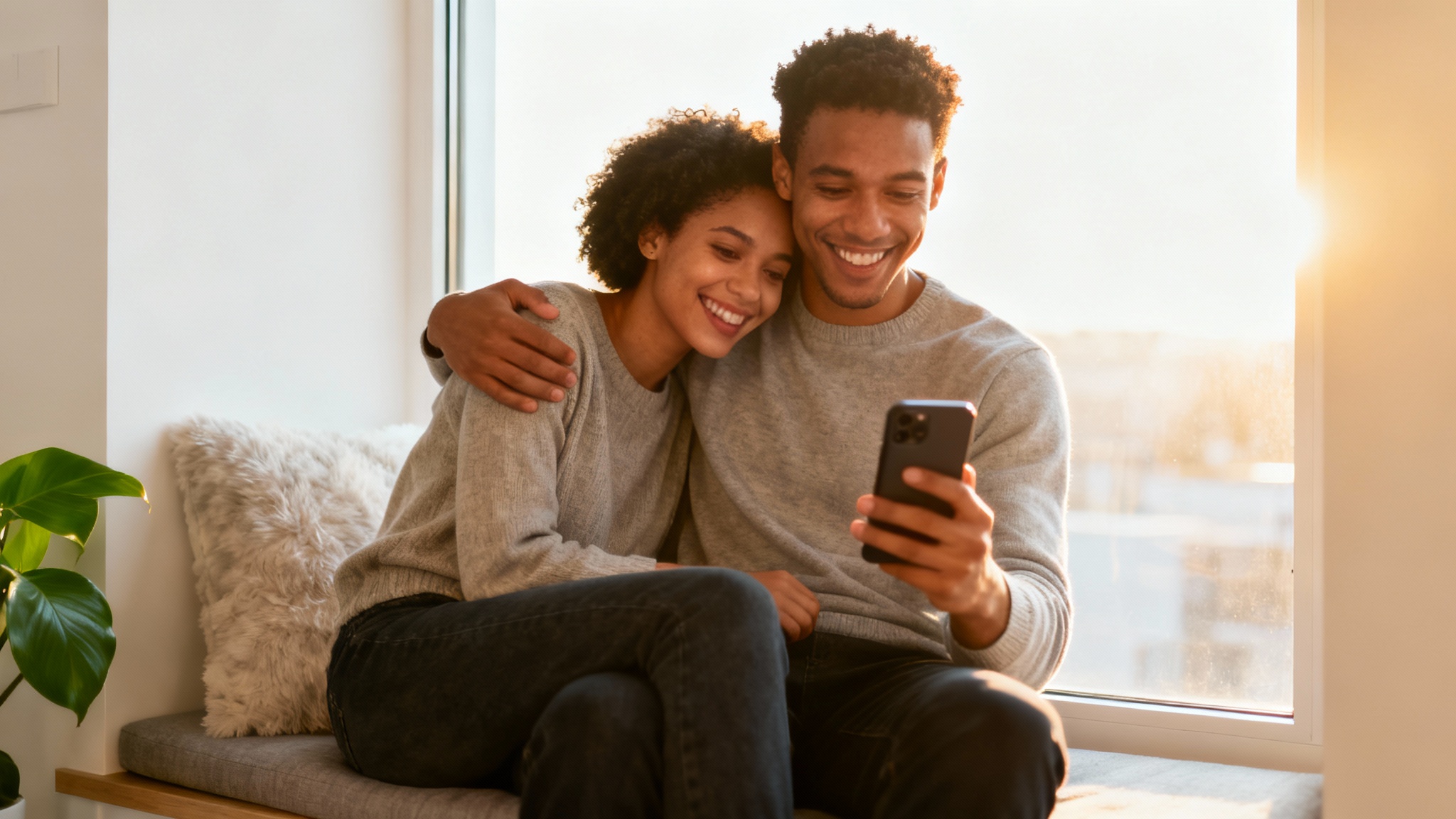 A happy young couple sitting close together in a sunlit room, smiling as they watch a video together on a smartphone.