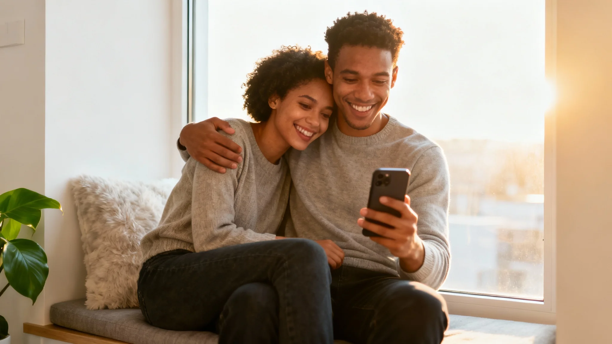 A happy young couple sitting close together in a sunlit room, smiling as they watch a video together on a smartphone.