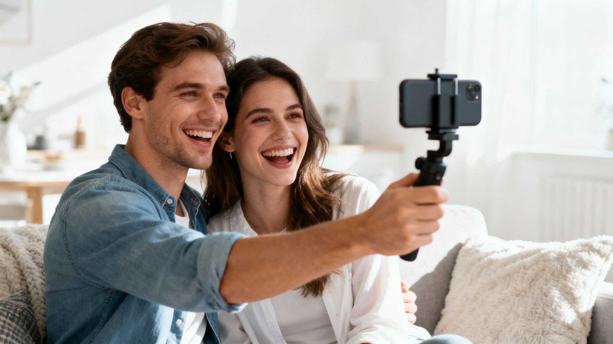 A happy young couple recording a video of themselves with a smartphone while sitting on a couch in a bright, modern living room.