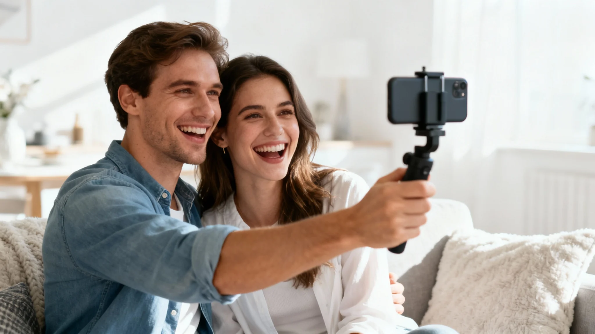 A happy young couple recording a video of themselves with a smartphone while sitting on a couch in a bright, modern living room.