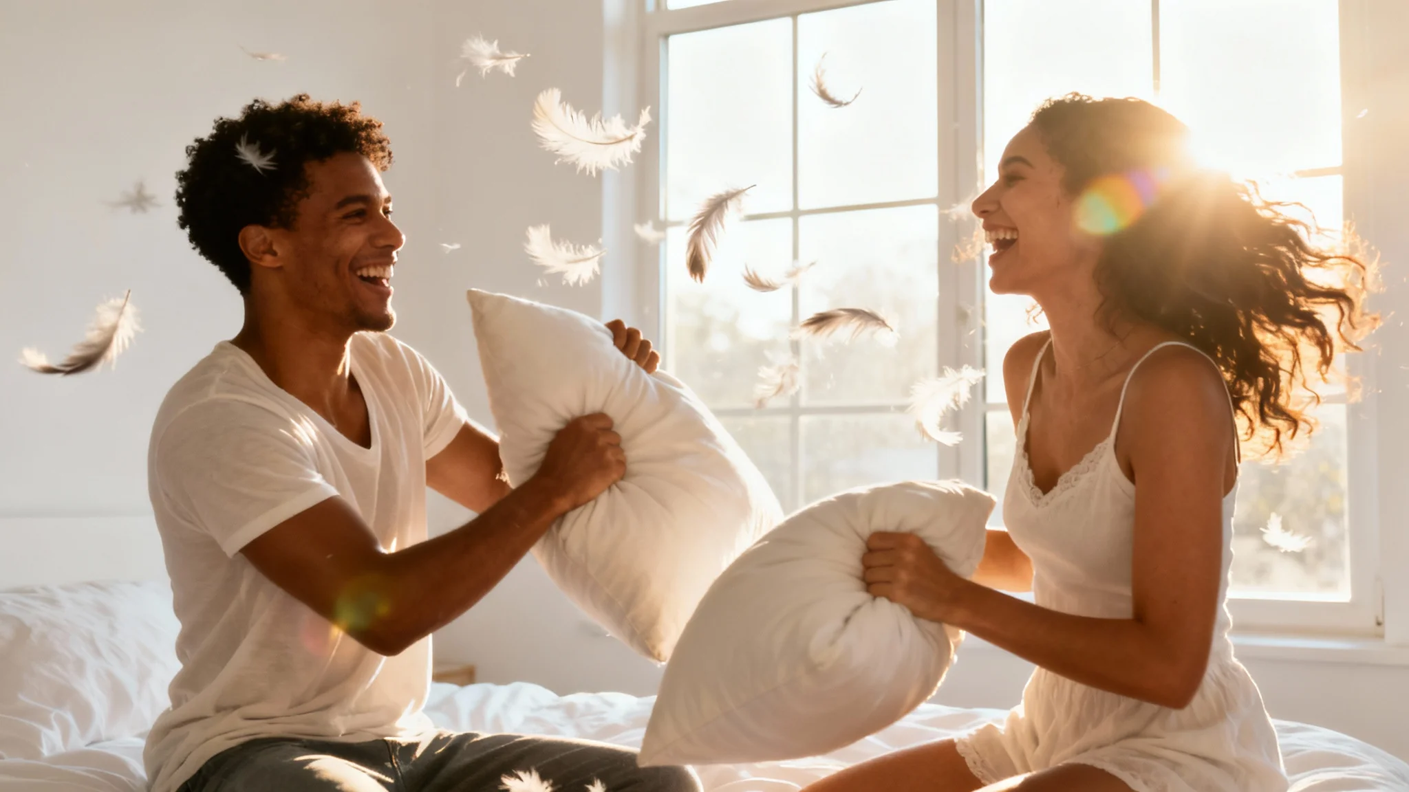 A joyful couple having a pillow fight in a bright bedroom, with feathers frozen in mid-air, representing a still from a romantic couple video.