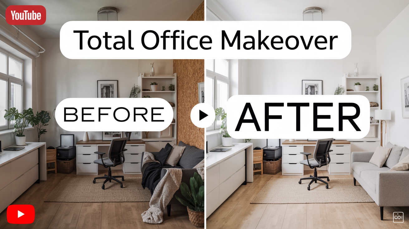 A before-and-after YouTube thumbnail showing a home office transformation. The 'before' side is messy and cluttered, while the 'after' side is modern, clean, and organized.