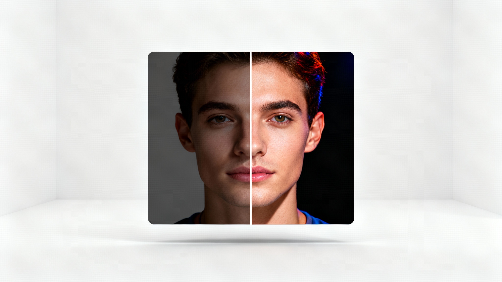 A before-and-after image thumbnail demonstrating the effects of photo editing. The left half of the image shows a dull, flat portrait of a person. The right half shows the same portrait transformed to be vibrant, professionally lit, and sharp.
