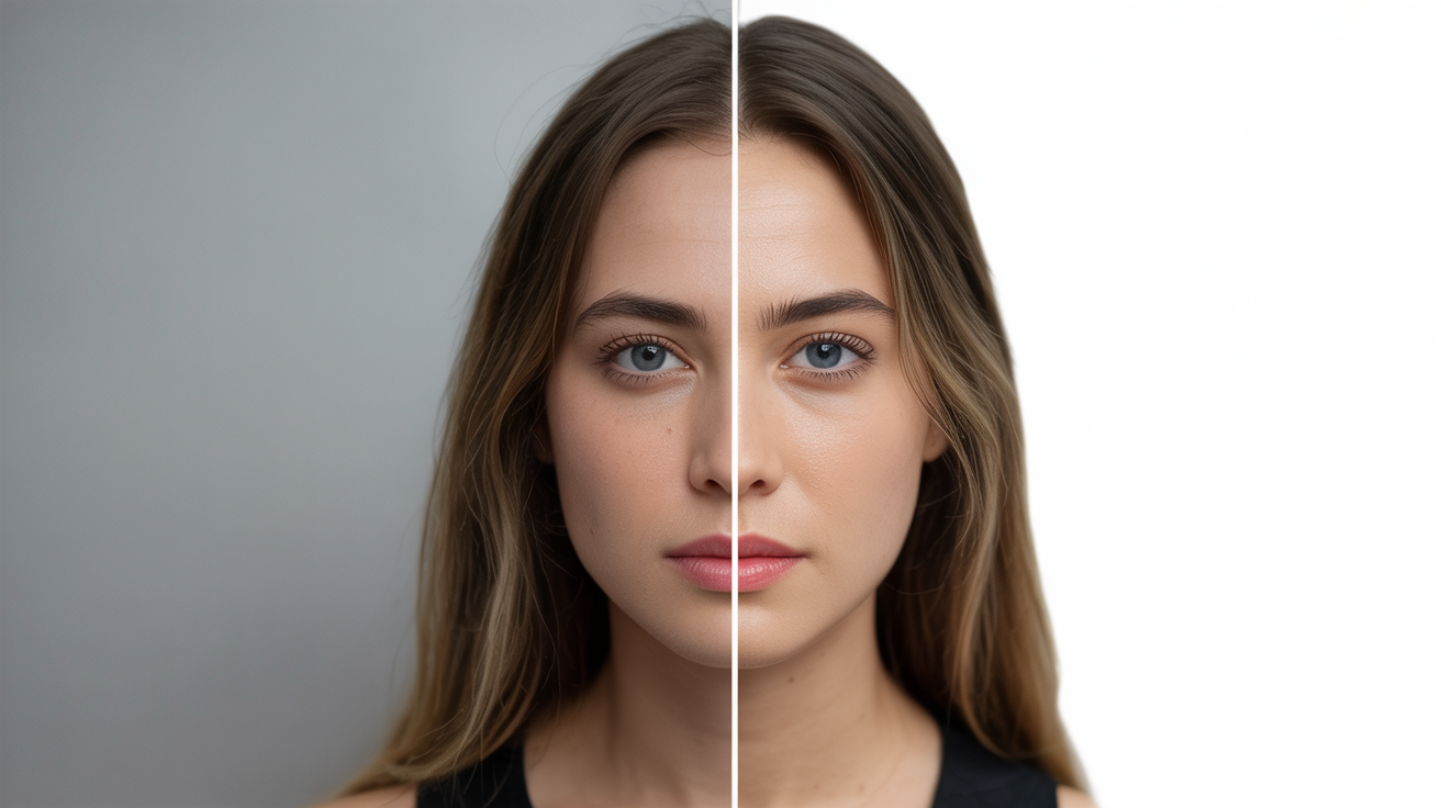 A split-screen thumbnail showing a before and after comparison of a portrait. The 'before' side is dull and unedited, while the 'after' side is vibrant and professionally retouched, showcasing a dramatic enhancement.