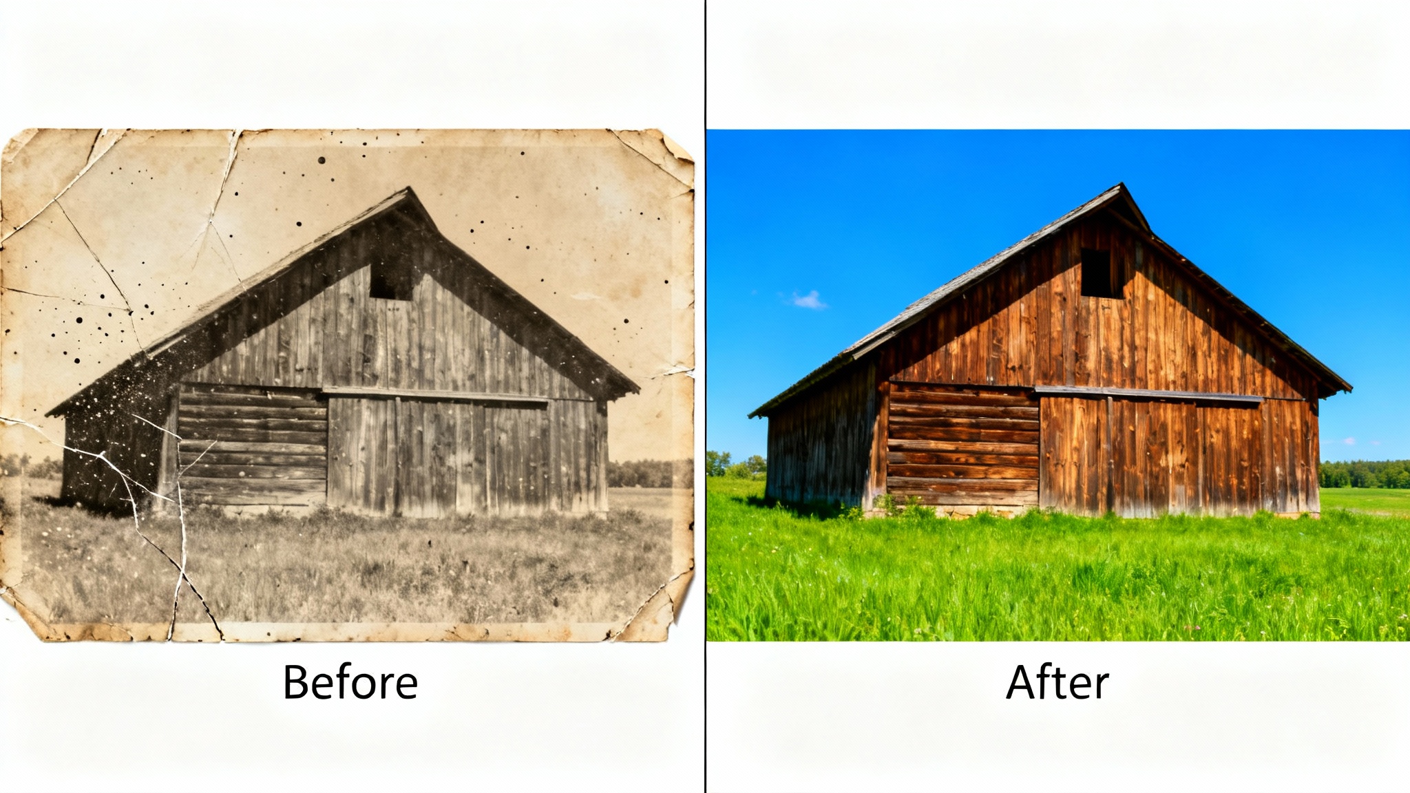 A before-and-after thumbnail mockup. The left side shows an old, damaged, faded photo of a barn. The right side shows the same photo, but fully restored, vibrant, and clear. The background is white.