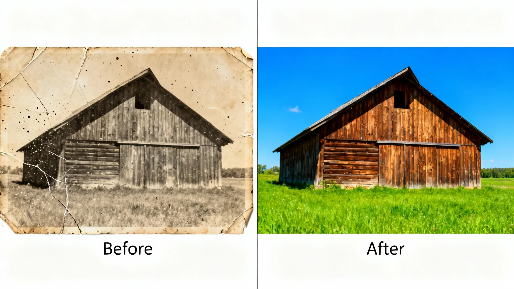 A before-and-after thumbnail mockup. The left side shows an old, damaged, faded photo of a barn. The right side shows the same photo, but fully restored, vibrant, and clear. The background is white.