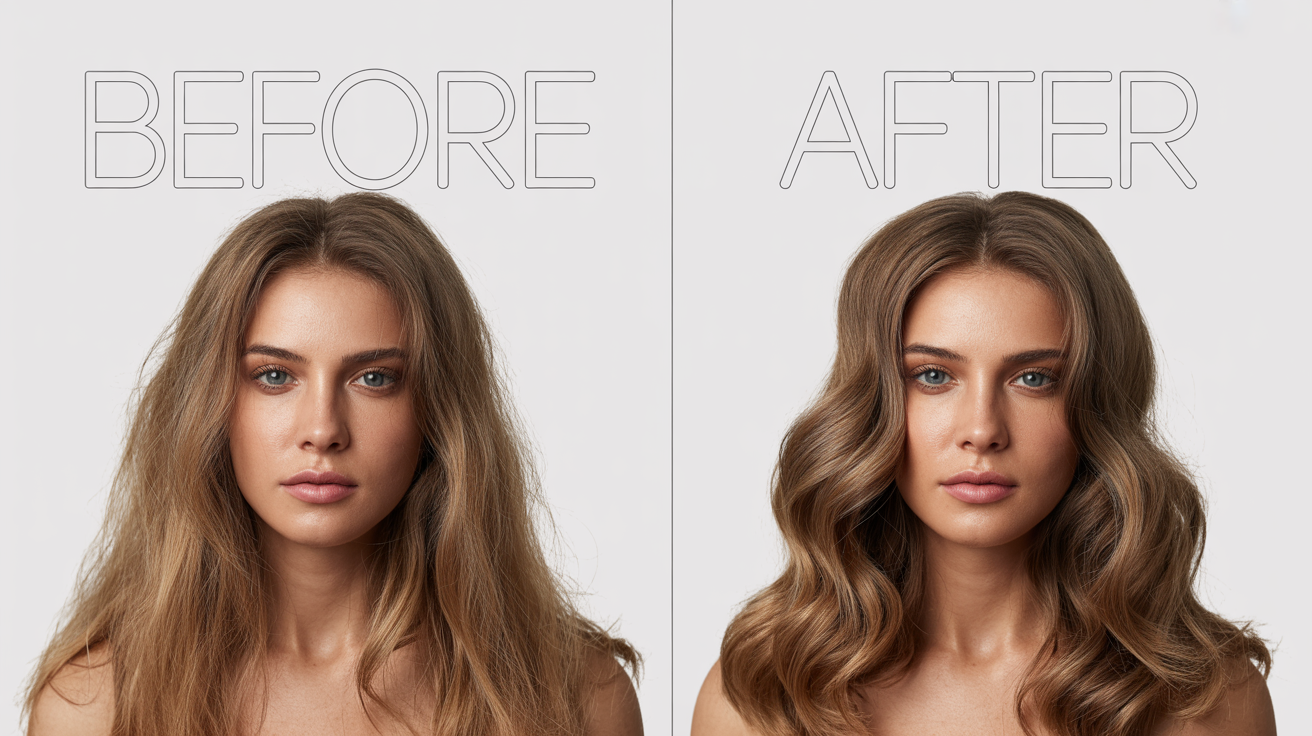 A before-and-after thumbnail mockup. The left side, labeled 'BEFORE', shows a dull portrait photo. The right side, labeled 'AFTER', shows the same photo dramatically enhanced with better color, lighting, and style.