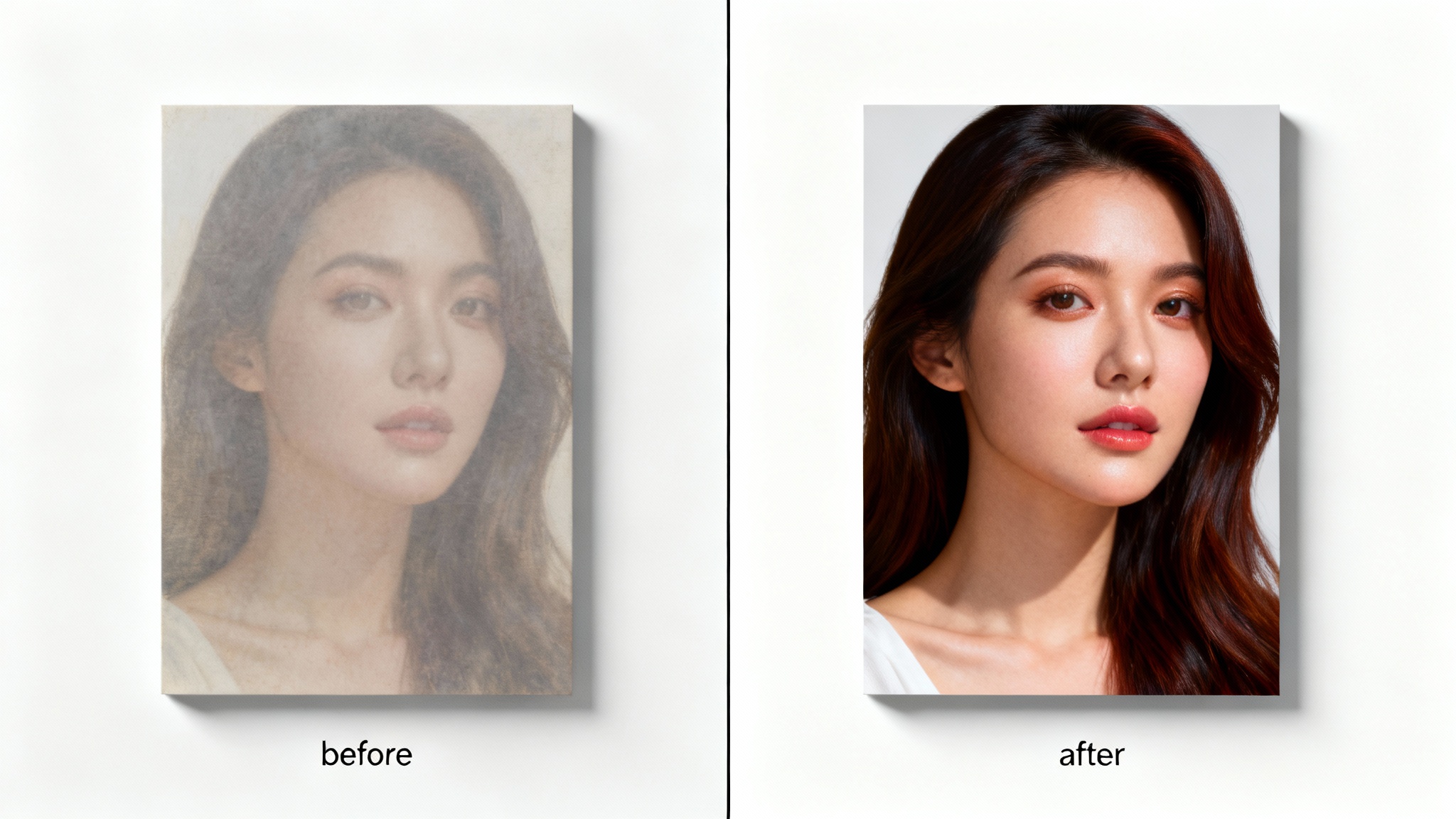 A split-screen thumbnail demonstrating a 'before and after' effect. The left side shows a faded, old portrait of a woman, while the right side shows the same portrait beautifully restored with vibrant colors and sharp details.