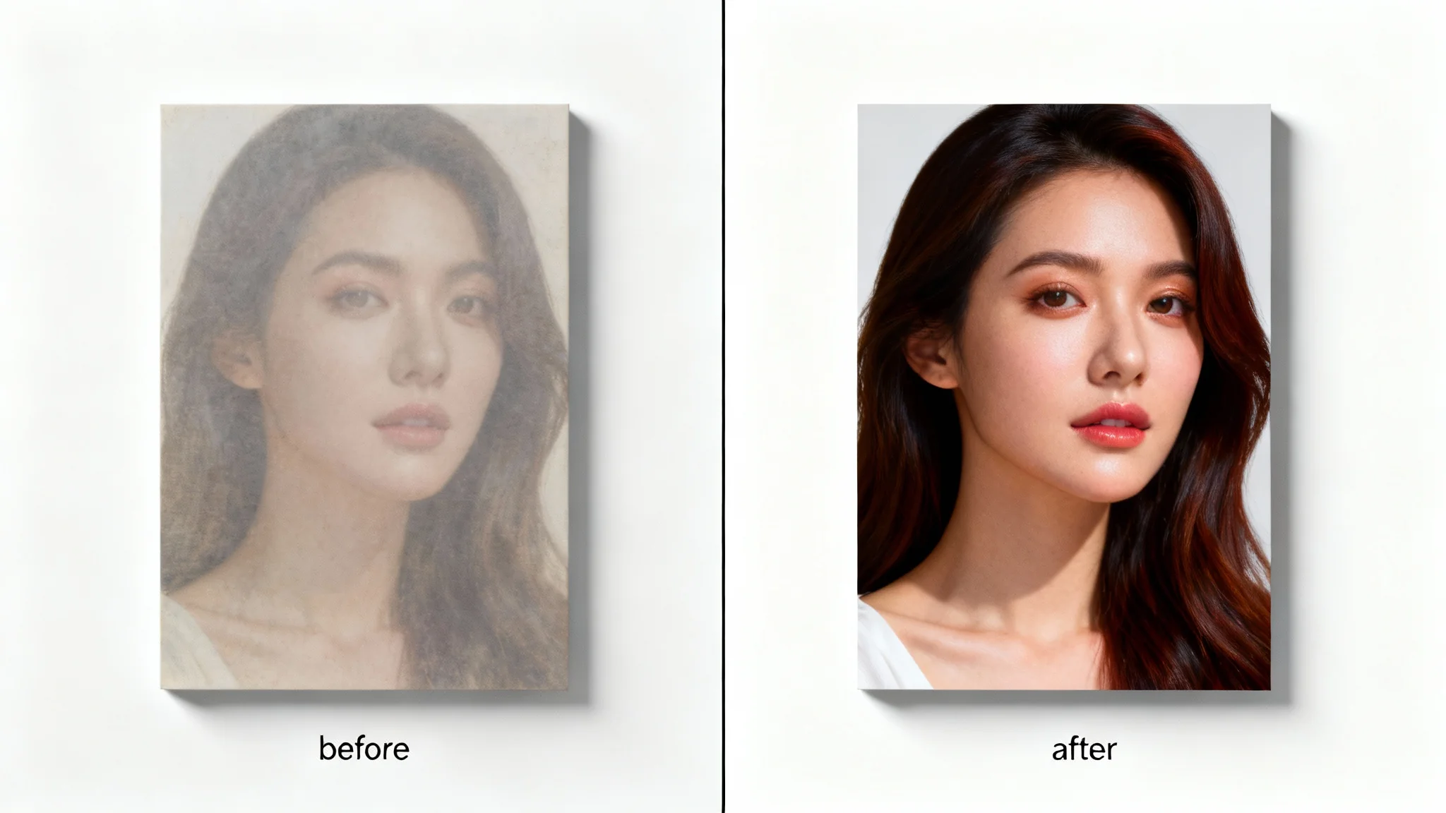 A split-screen thumbnail demonstrating a 'before and after' effect. The left side shows a faded, old portrait of a woman, while the right side shows the same portrait beautifully restored with vibrant colors and sharp details.