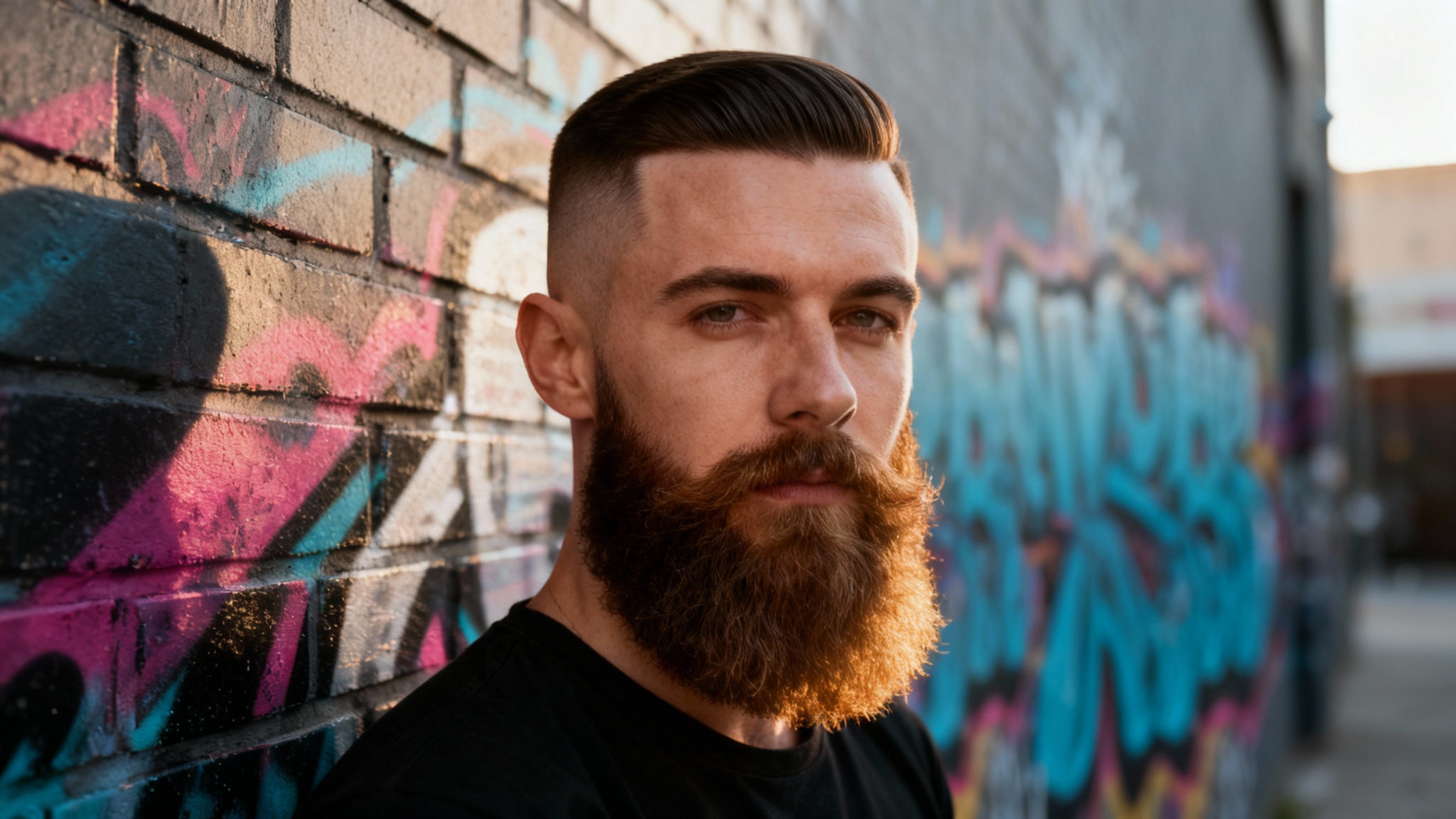 A striking, high-fashion portrait of a man with a sharp fade haircut and a well-groomed beard, set against a vibrant urban graffiti wall. The image is professionally lit and has a polished, modern look.