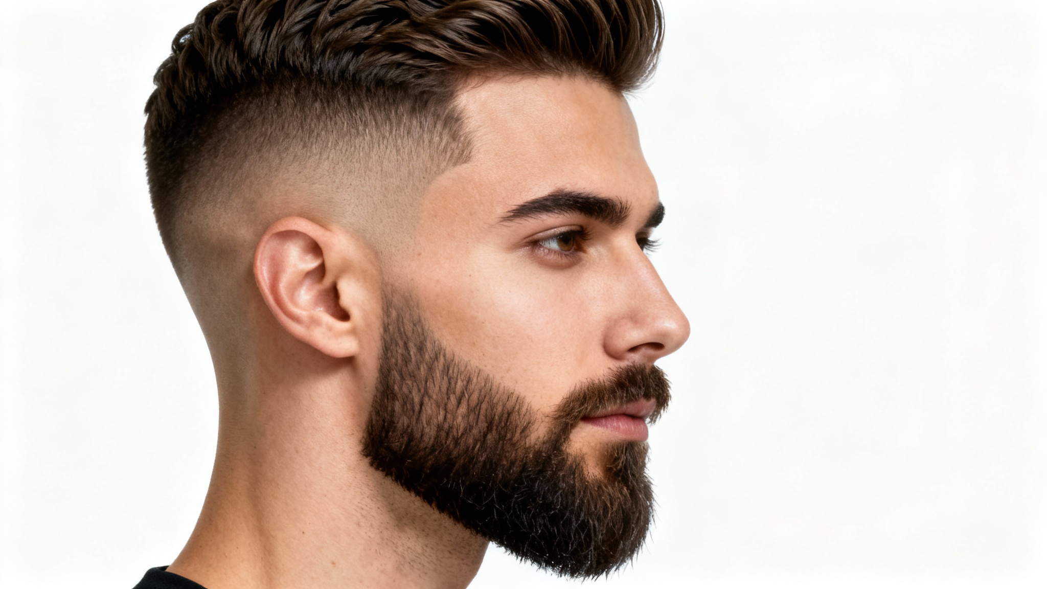 A highly detailed studio portrait of a man in side profile, displaying a clean skin fade haircut and a perfectly groomed beard against a plain white background.