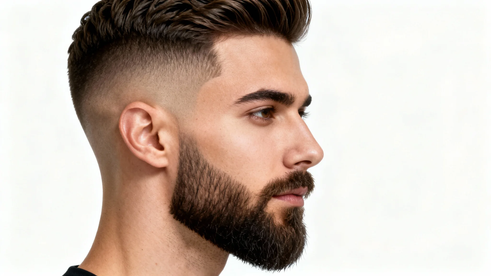 A highly detailed studio portrait of a man in side profile, displaying a clean skin fade haircut and a perfectly groomed beard against a plain white background.