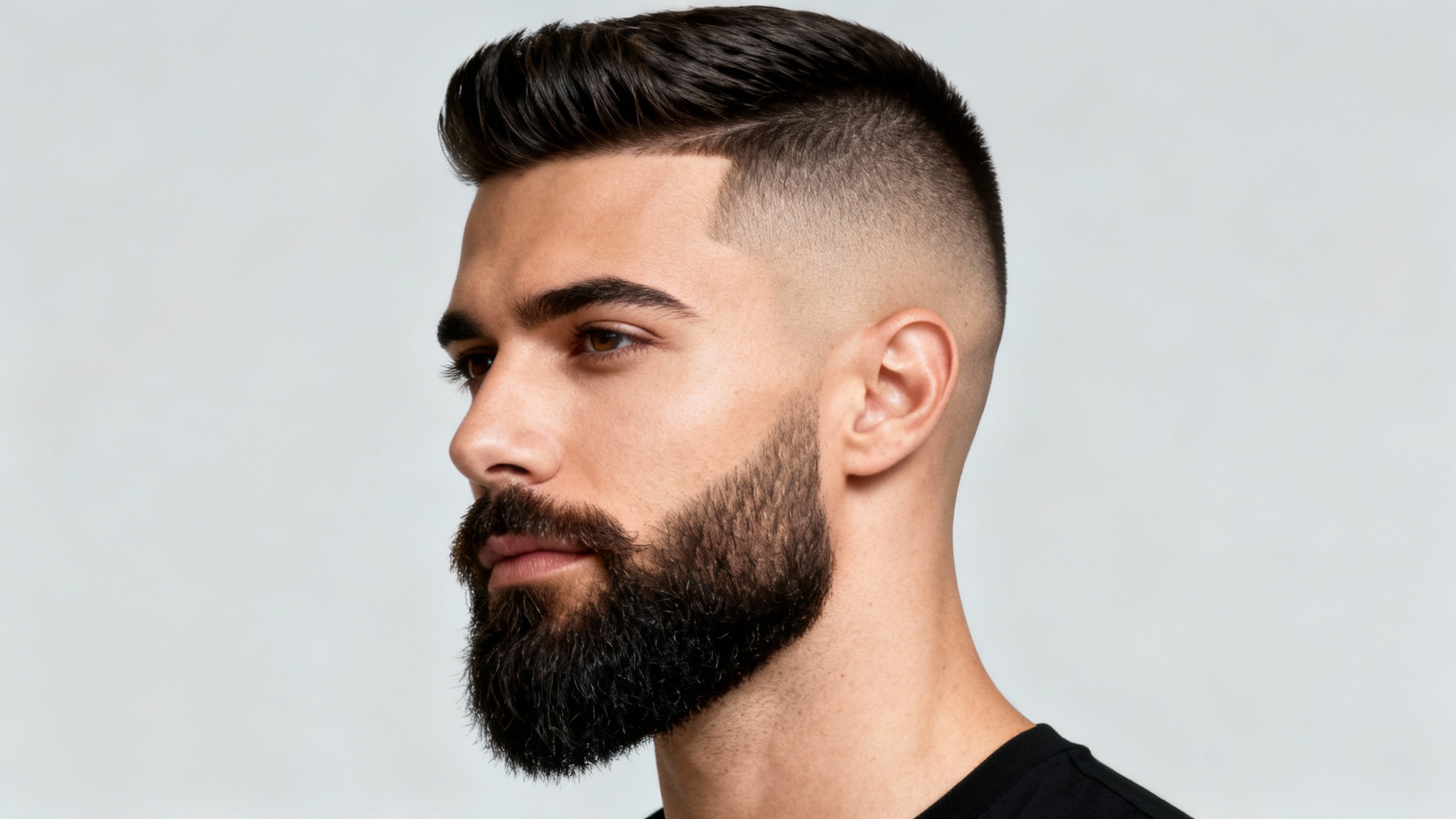 A stylish man with a sharp high fade haircut and a perfectly groomed full beard, captured in a professional studio close-up against a light grey background.