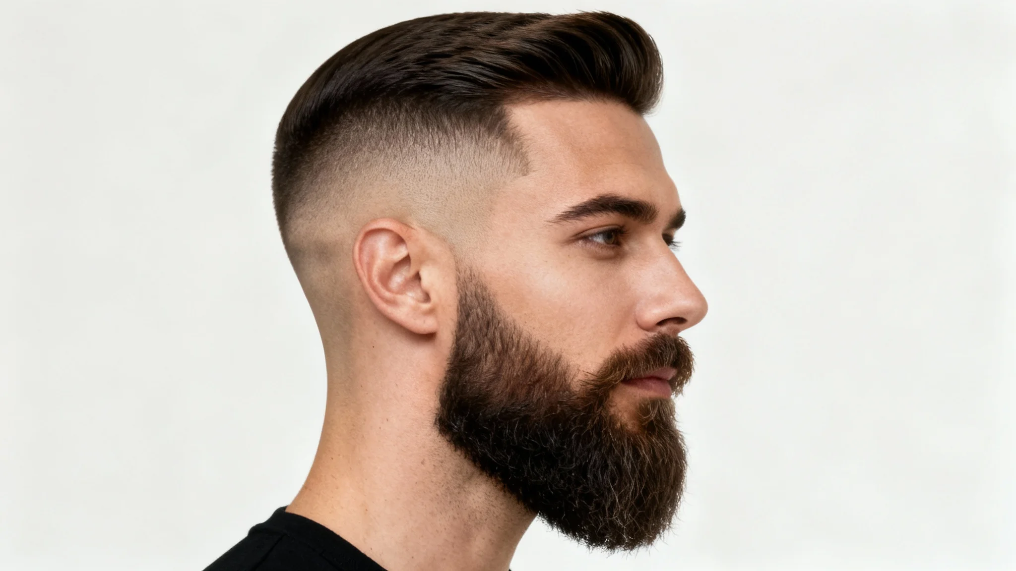 A photorealistic mockup of a man with a modern high fade haircut and a well-groomed beard, set against a plain white background in a professional studio setting.