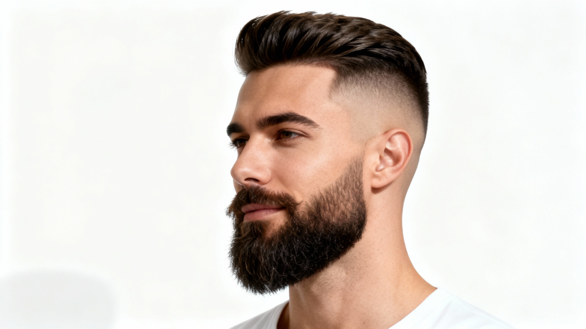 A hyper-realistic studio portrait of a man with a sharp high fade haircut and a perfectly groomed beard, viewed from the side against a solid white background.