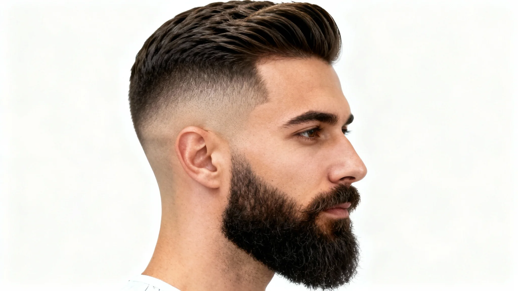 A close-up profile photograph of a man with a modern high-skin fade haircut and a perfectly shaped beard against a solid white background, showcasing clean lines and grooming.