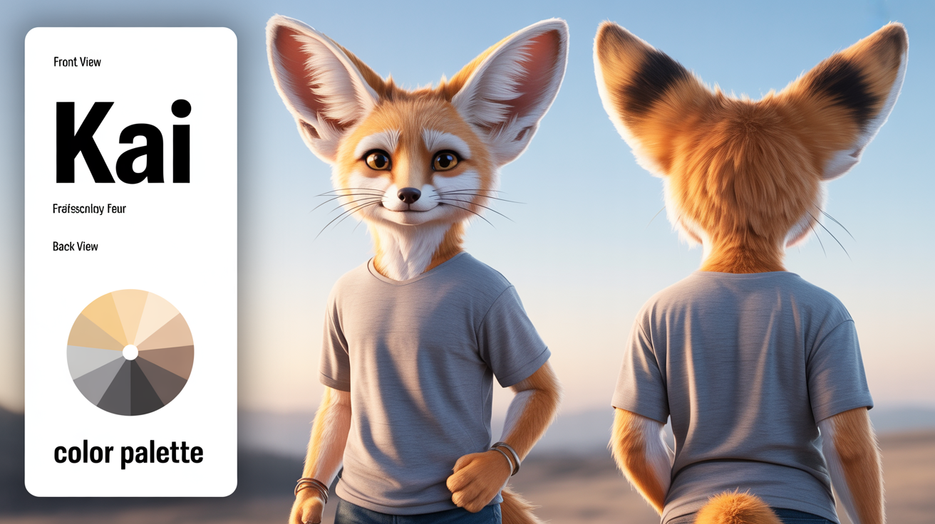 A finished digital art reference sheet for a fennec fox fursona, showing the character's front and back views, a color palette, and descriptive text on a clean white background.
