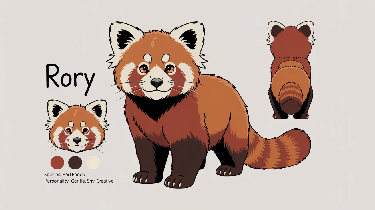 A digital art reference sheet for an anthropomorphic red panda fursona named Rory. The sheet shows front, back, and headshot views, along with a color palette and character details on a white background.