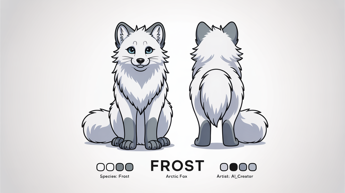 A digital art reference sheet for an anthropomorphic arctic fox character named 'Frost'. The image shows a front view, back view, and a headshot, along with a color palette, all set against a clean white background.