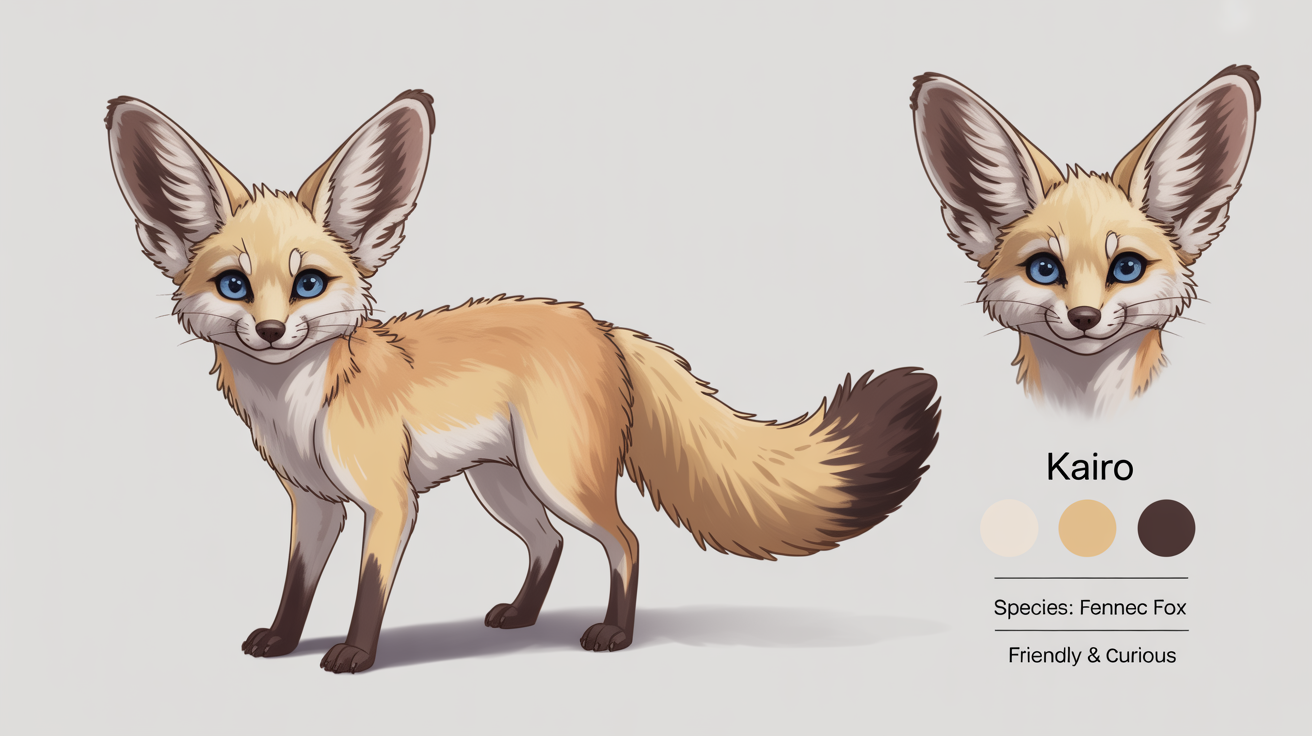 A professional digital art reference sheet for a fennec fox fursona named Kairo, showing front and back views, a headshot, and a color palette on a white background.