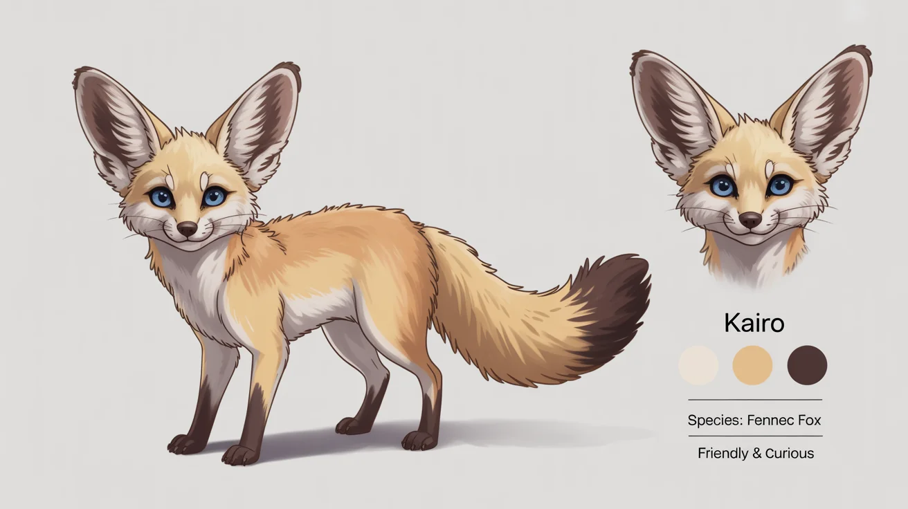 A professional digital art reference sheet for a fennec fox fursona named Kairo, showing front and back views, a headshot, and a color palette on a white background.